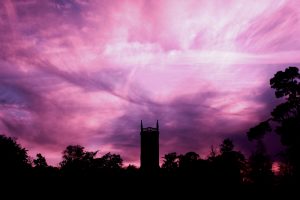 sky, clouds, trees, building, silhouette, dark, sunset, nature